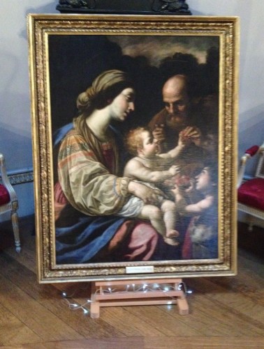 Because the house was decorated for Christmas, we got to enjoy trees and lights and even famous paintings set around an Advent theme. This portrait of the Holy Family was set up in the Saloon.