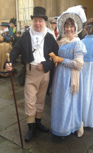 Posing with the famous Mr Salter of the Jane Austen Centre in Bath--the most photographed man in England!