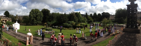 Panoramic photo of the Regency-attired crowd in the Parade Gardens after the Promenade